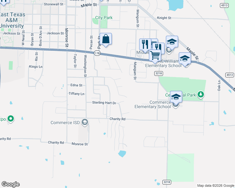 map of restaurants, bars, coffee shops, grocery stores, and more near 2817 Mccarley Drive in Commerce