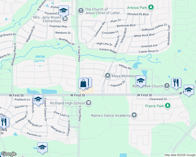 map of restaurants, bars, coffee shops, grocery stores, and more near 16001 Placid Trail in Prosper