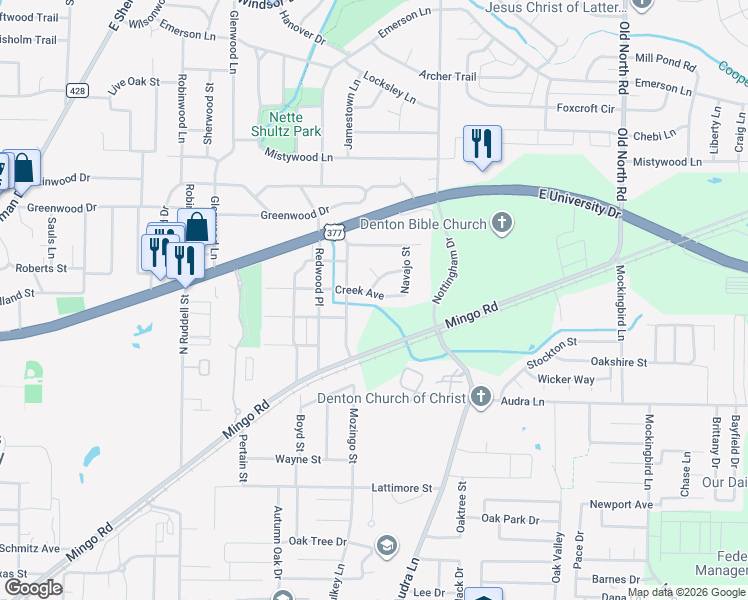 map of restaurants, bars, coffee shops, grocery stores, and more near 1815 Creek Avenue in Denton
