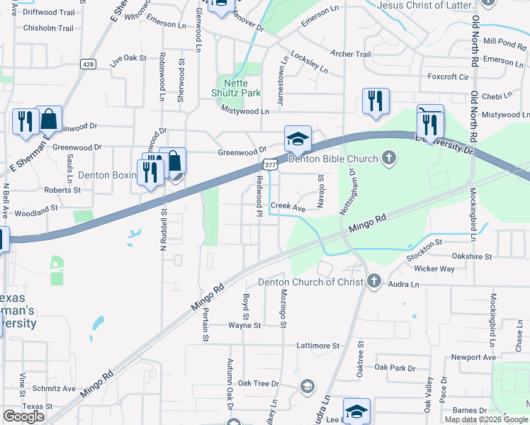 map of restaurants, bars, coffee shops, grocery stores, and more near 2000 Redwood Place in Denton