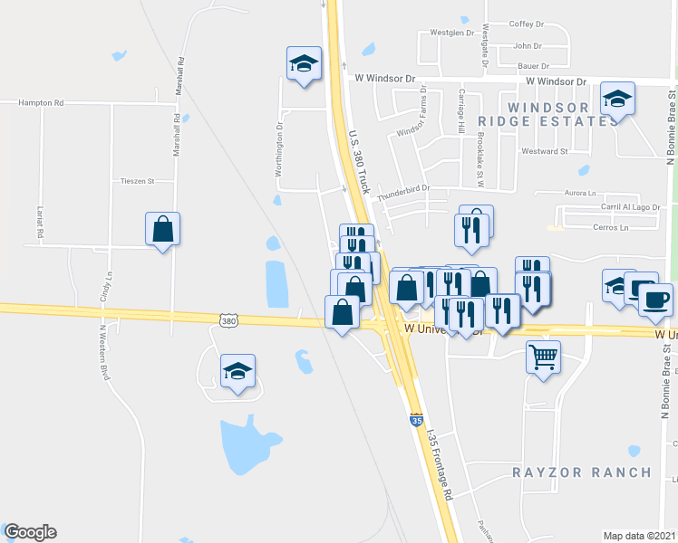 map of restaurants, bars, coffee shops, grocery stores, and more near 4050 Mesa Drive in Denton