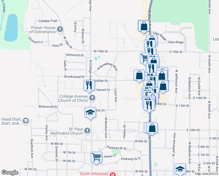 map of restaurants, bars, coffee shops, grocery stores, and more near 2115 North Newton Avenue in El Dorado