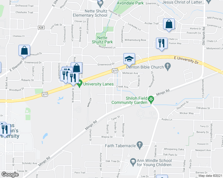 map of restaurants, bars, coffee shops, grocery stores, and more near 1913 Redwood Place in Denton