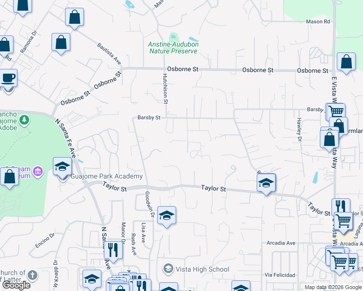 map of restaurants, bars, coffee shops, grocery stores, and more near 2108 Curtis Drive in Vista