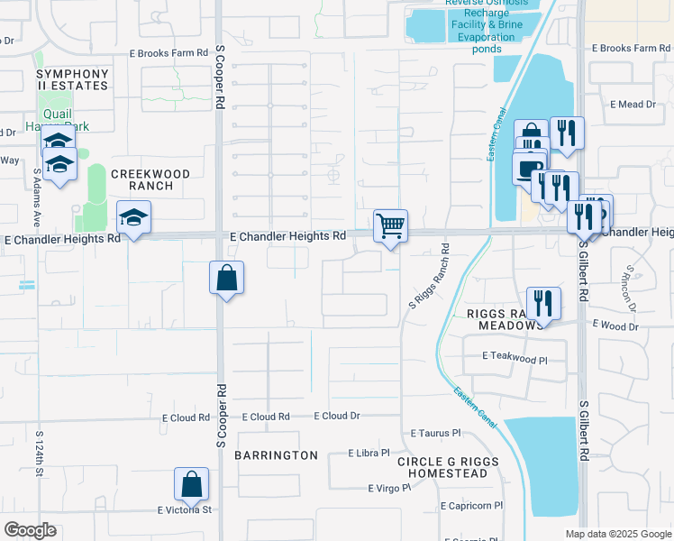 map of restaurants, bars, coffee shops, grocery stores, and more near 5114 South Ashley Drive in Chandler