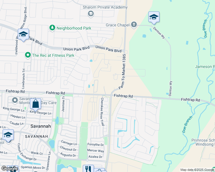 map of restaurants, bars, coffee shops, grocery stores, and more near 1711 Farm to Market Road 1385 in Aubrey