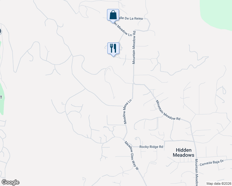 map of restaurants, bars, coffee shops, grocery stores, and more near 9505 Meadow Mesa Drive in Escondido