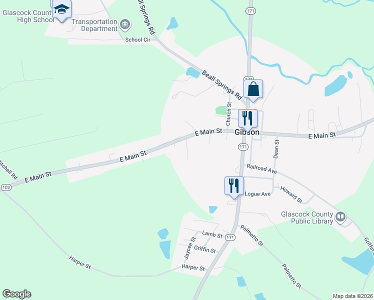 map of restaurants, bars, coffee shops, grocery stores, and more near Project Street in Gibson