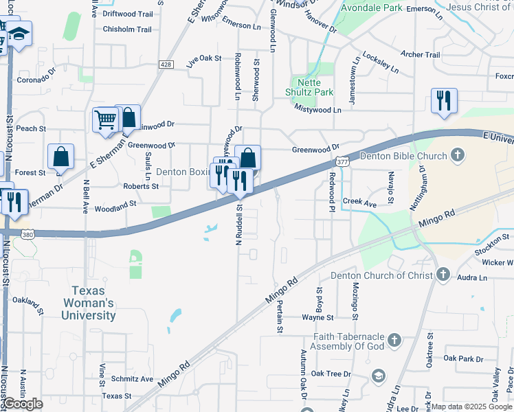 map of restaurants, bars, coffee shops, grocery stores, and more near 1212 East University Drive in Denton