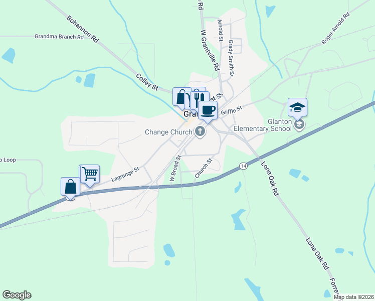 map of restaurants, bars, coffee shops, grocery stores, and more near 8 Sims Street in Grantville