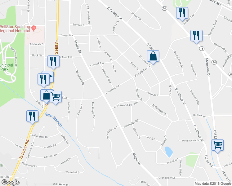 map of restaurants, bars, coffee shops, grocery stores, and more near 804 Crescent Road in Griffin