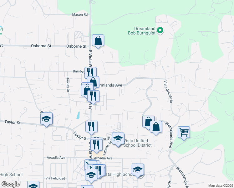 map of restaurants, bars, coffee shops, grocery stores, and more near 2344 Warmlands Avenue in Vista