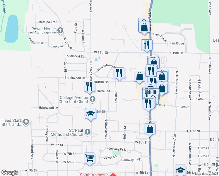 map of restaurants, bars, coffee shops, grocery stores, and more near 2115 North Newton Avenue in El Dorado