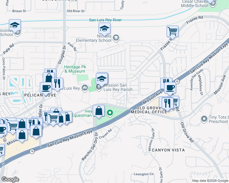 map of restaurants, bars, coffee shops, grocery stores, and more near 4160 Madera Lane in Oceanside