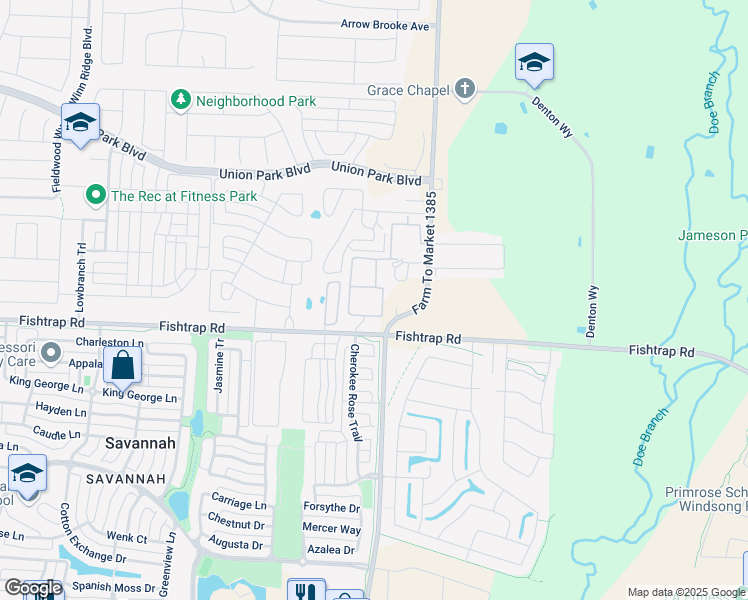 map of restaurants, bars, coffee shops, grocery stores, and more near 1711 Farm to Market Road 1385 in Aubrey