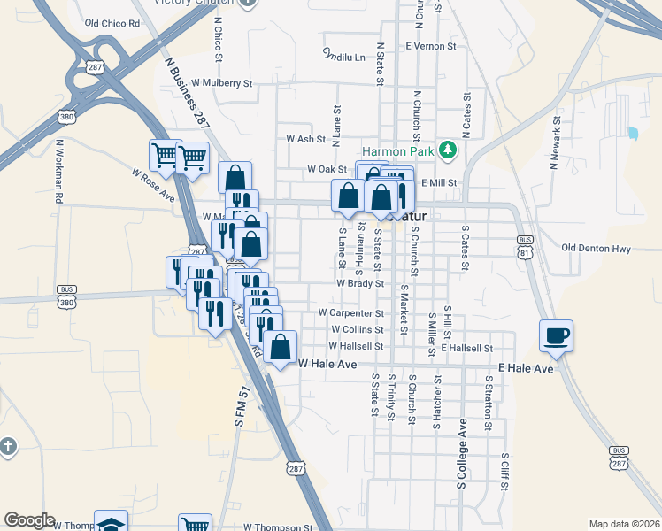 map of restaurants, bars, coffee shops, grocery stores, and more near 502 West Ward Street in Decatur