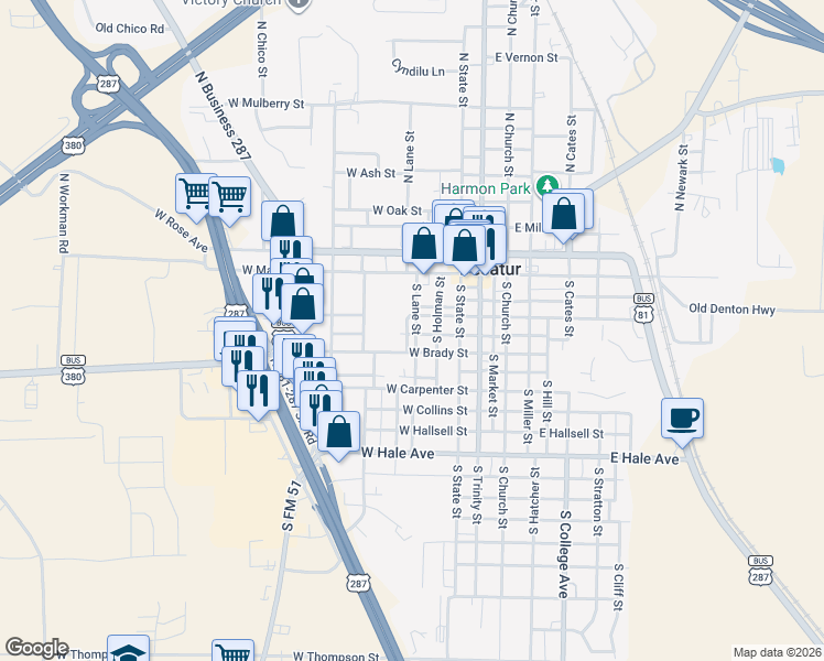 map of restaurants, bars, coffee shops, grocery stores, and more near 300 South Holman Street in Decatur