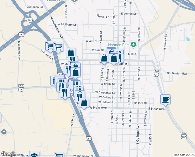 map of restaurants, bars, coffee shops, grocery stores, and more near 502 West Ward Street in Decatur