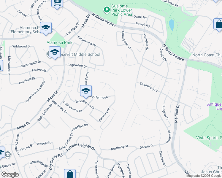 map of restaurants, bars, coffee shops, grocery stores, and more near 5216 Palmera Drive in Oceanside