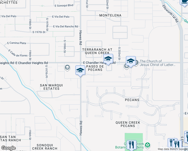 map of restaurants, bars, coffee shops, grocery stores, and more near South 201st Street in Queen Creek