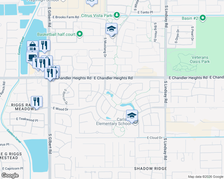 map of restaurants, bars, coffee shops, grocery stores, and more near 5083 South Pinnacle Place in Chandler