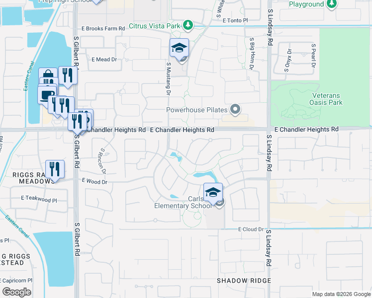 map of restaurants, bars, coffee shops, grocery stores, and more near 3680 East San Mateo Way in Chandler