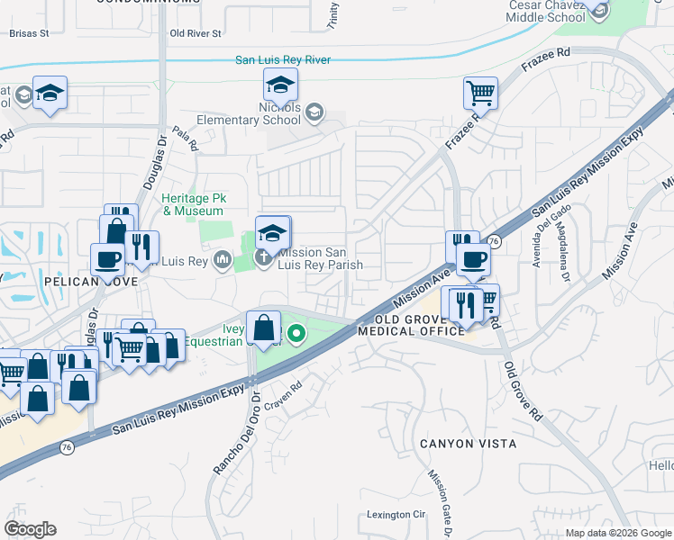 map of restaurants, bars, coffee shops, grocery stores, and more near 4120 Via Del Rey in Oceanside