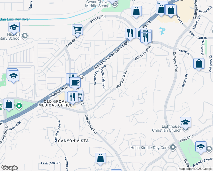 map of restaurants, bars, coffee shops, grocery stores, and more near 113 Francesca Drive in Oceanside