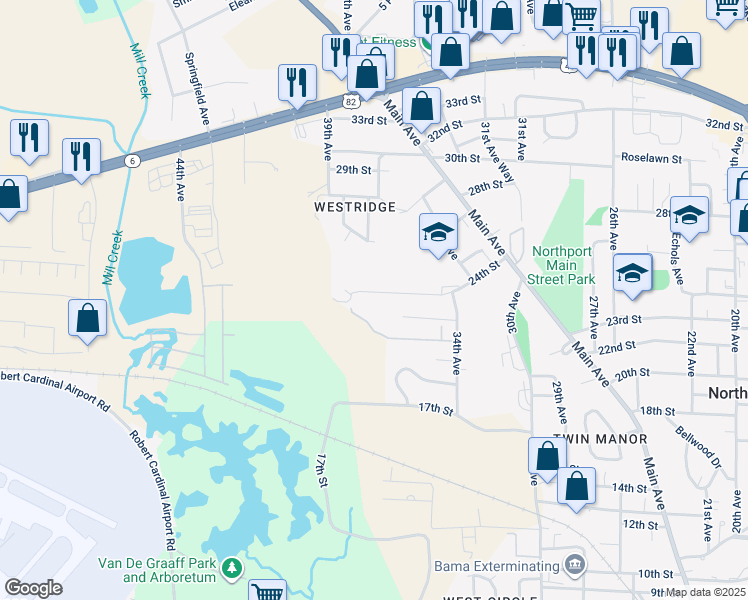 map of restaurants, bars, coffee shops, grocery stores, and more near 3509 24th Street in Northport