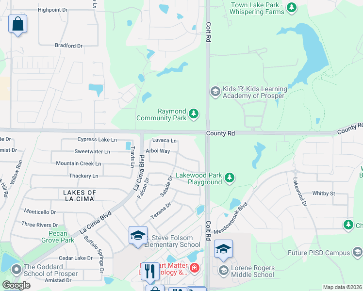 map of restaurants, bars, coffee shops, grocery stores, and more near 401 Salada Drive in Prosper