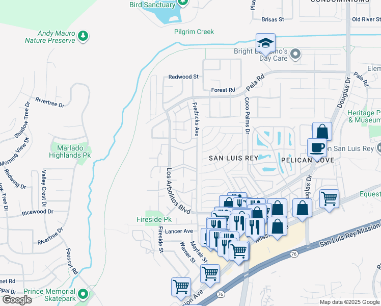 map of restaurants, bars, coffee shops, grocery stores, and more near 615 Fredricks Avenue in Oceanside