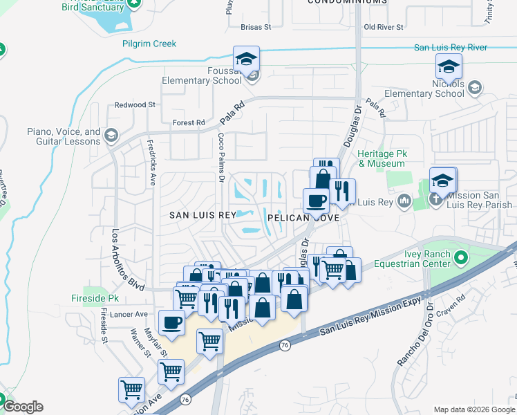 map of restaurants, bars, coffee shops, grocery stores, and more near 80 Estrella Lane in Oceanside