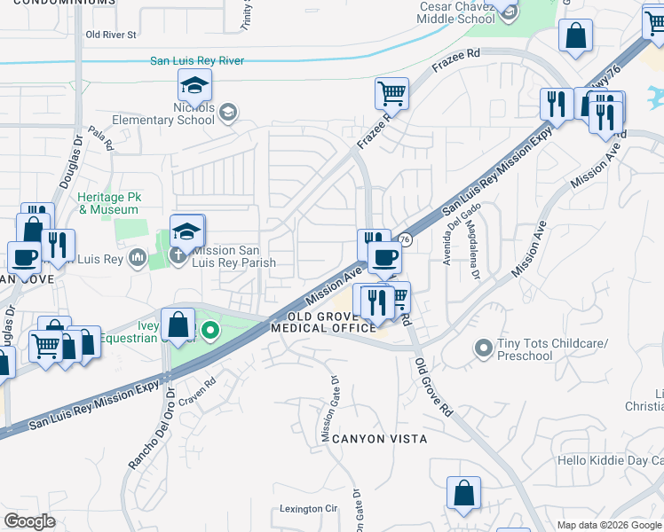 map of restaurants, bars, coffee shops, grocery stores, and more near 4330 Forest Ranch Way in Oceanside