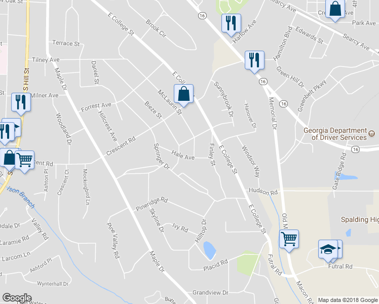 map of restaurants, bars, coffee shops, grocery stores, and more near 918 McLaurin Street in Griffin