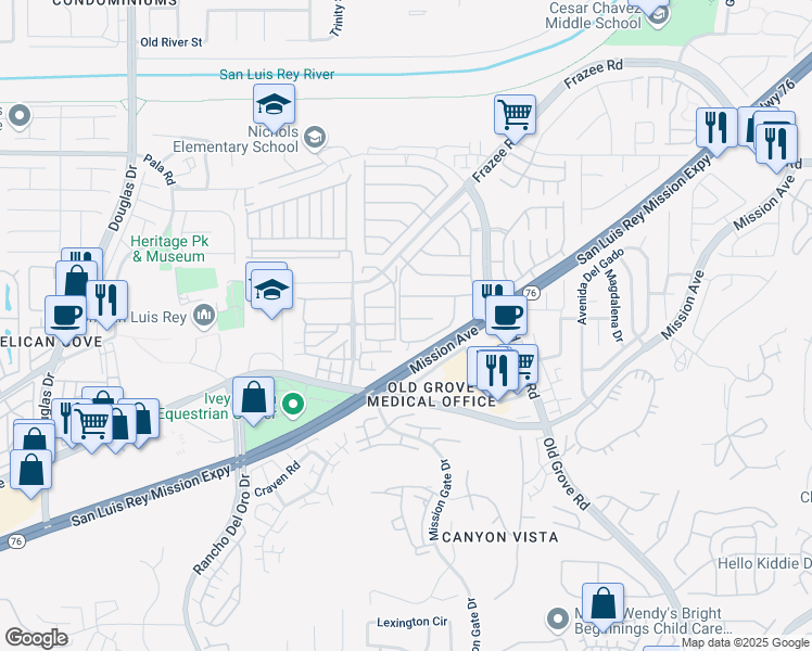 map of restaurants, bars, coffee shops, grocery stores, and more near 4301 Deer Creek Way in Oceanside