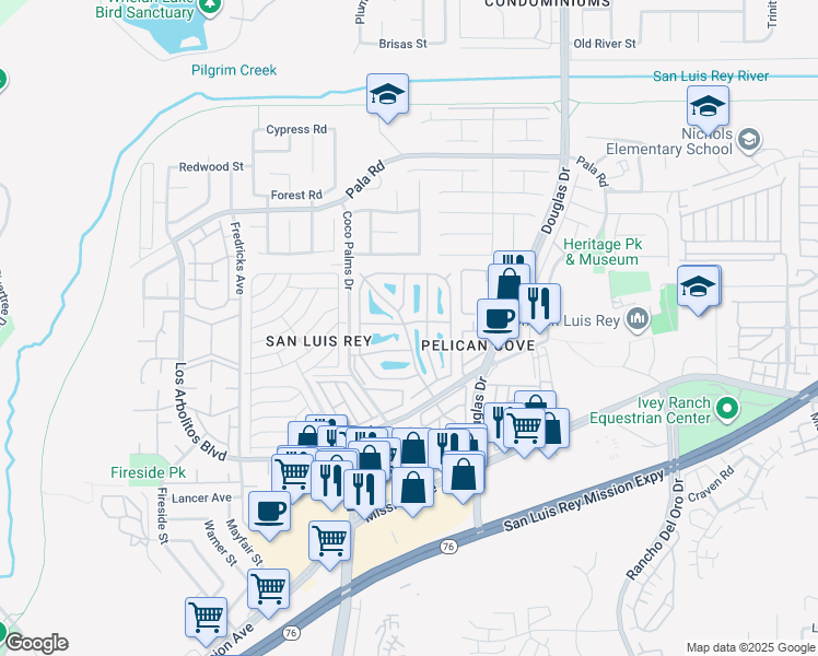 map of restaurants, bars, coffee shops, grocery stores, and more near 80 Estrella Lane in Oceanside