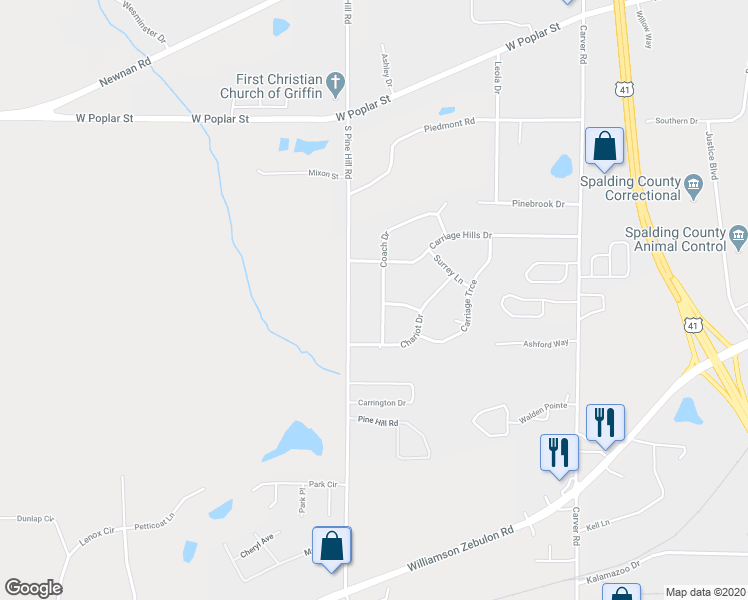 map of restaurants, bars, coffee shops, grocery stores, and more near 137 Coach Drive in Griffin