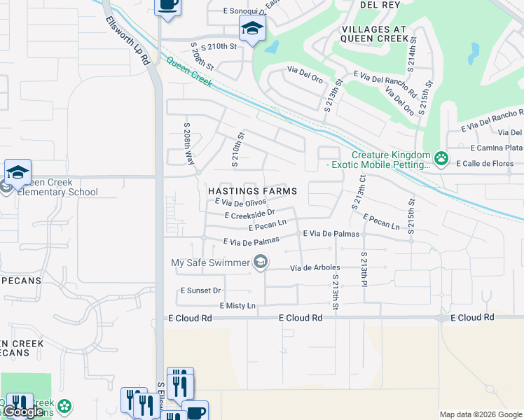 map of restaurants, bars, coffee shops, grocery stores, and more near 21088 East Creekside Drive in Queen Creek