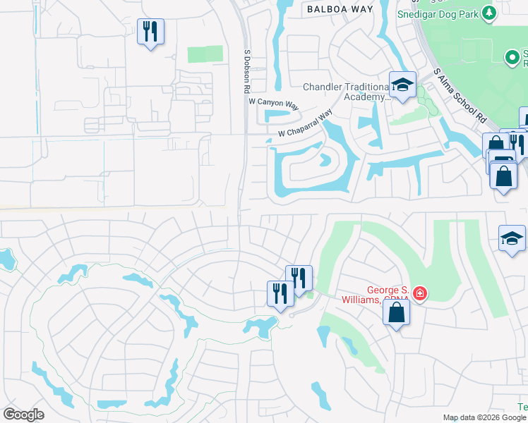 map of restaurants, bars, coffee shops, grocery stores, and more near 9654 East Tranquility Way in Sun Lakes