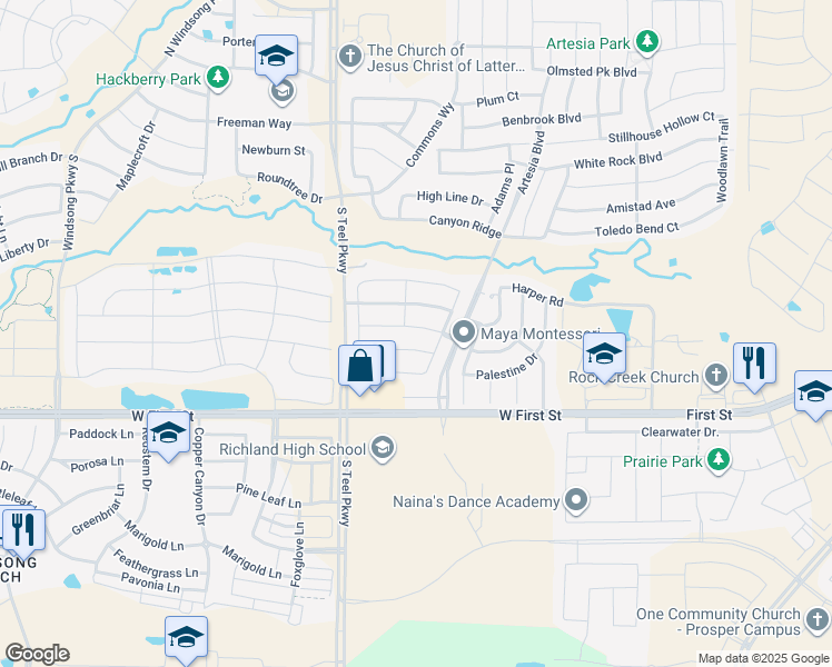 map of restaurants, bars, coffee shops, grocery stores, and more near 16001 Placid Trail in Prosper