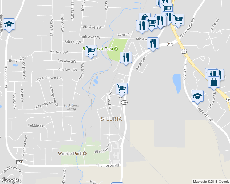 map of restaurants, bars, coffee shops, grocery stores, and more near 624 11th Avenue Southwest in Alabaster