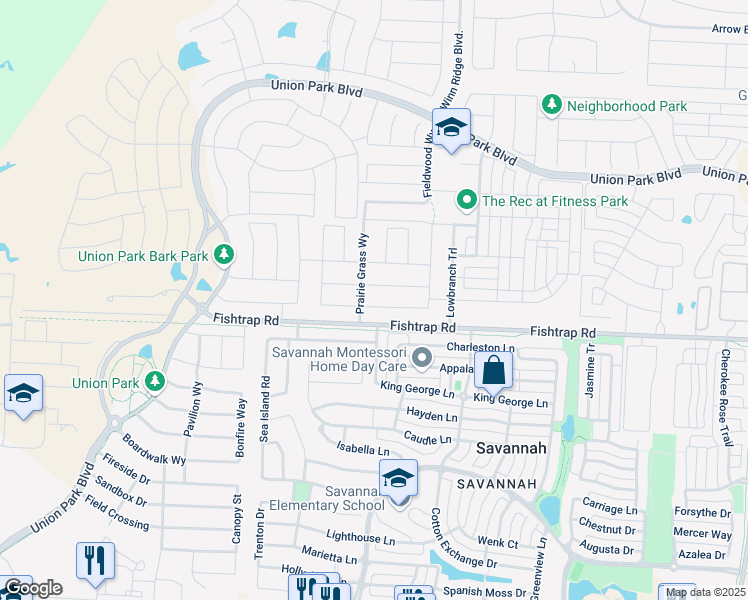 map of restaurants, bars, coffee shops, grocery stores, and more near 1109 Parkstone Drive in Krugerville