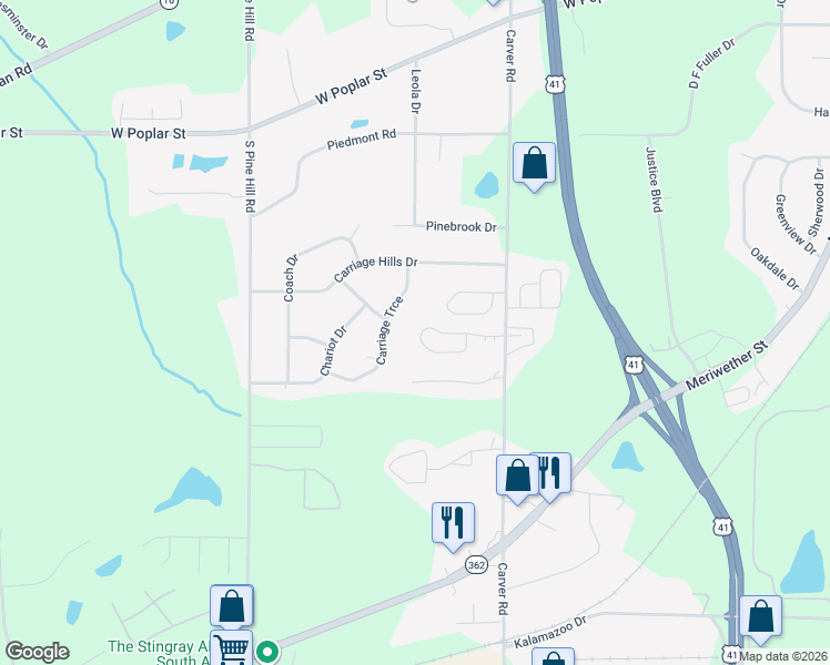 map of restaurants, bars, coffee shops, grocery stores, and more near 1645 Summerwoods Circle in Griffin