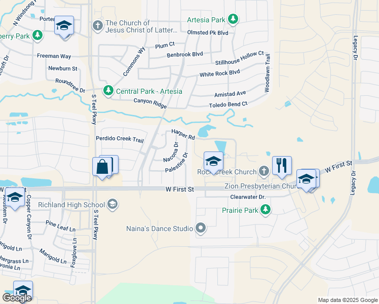 map of restaurants, bars, coffee shops, grocery stores, and more near 1416 Palestine Drive in Prosper