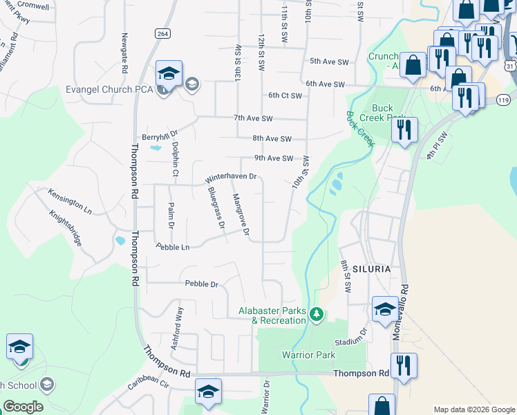 map of restaurants, bars, coffee shops, grocery stores, and more near 129 Winterhaven Drive in Alabaster