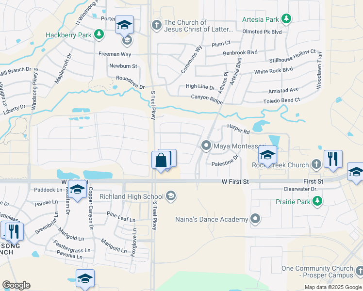 map of restaurants, bars, coffee shops, grocery stores, and more near 16001 Placid Trail in Prosper
