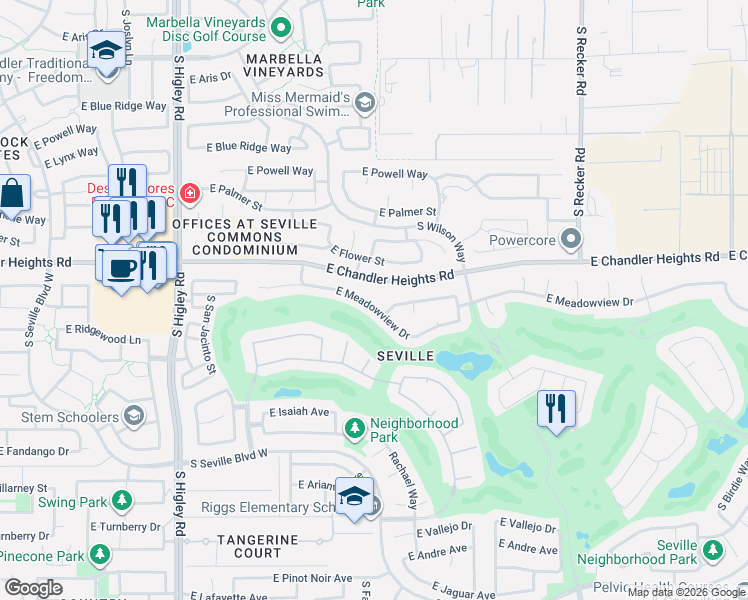 map of restaurants, bars, coffee shops, grocery stores, and more near 3578 East Meadowview Drive in Gilbert