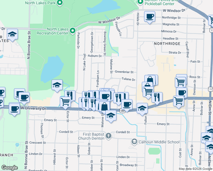 map of restaurants, bars, coffee shops, grocery stores, and more near 1912 Malone Street in Denton