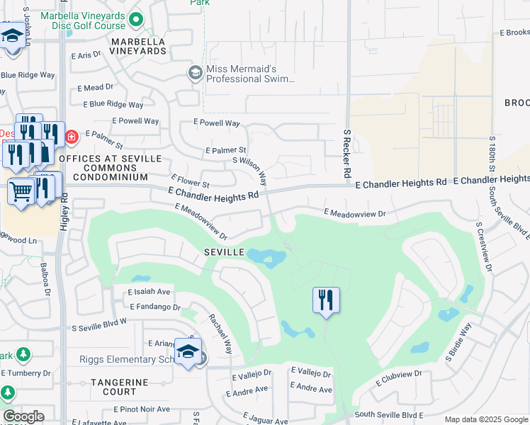 map of restaurants, bars, coffee shops, grocery stores, and more near 6475 South View Lane in Gilbert