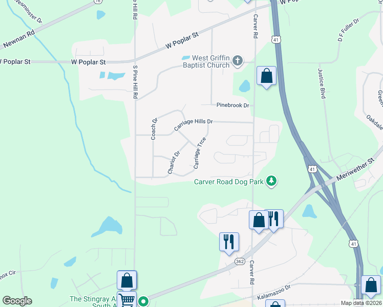 map of restaurants, bars, coffee shops, grocery stores, and more near 119 Carriage Trce in Griffin